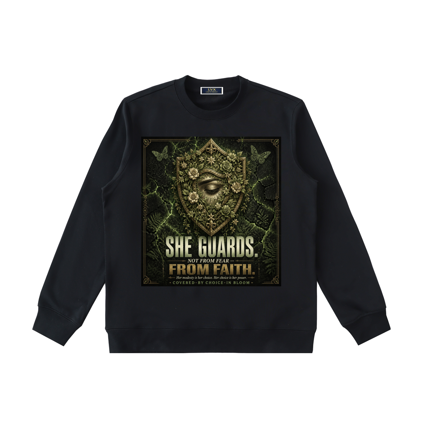 She Guards Not From Fear From Faith — Women's Heavyweight Crewneck Sweatshirt | 320 GSM Modest Faith Fashion