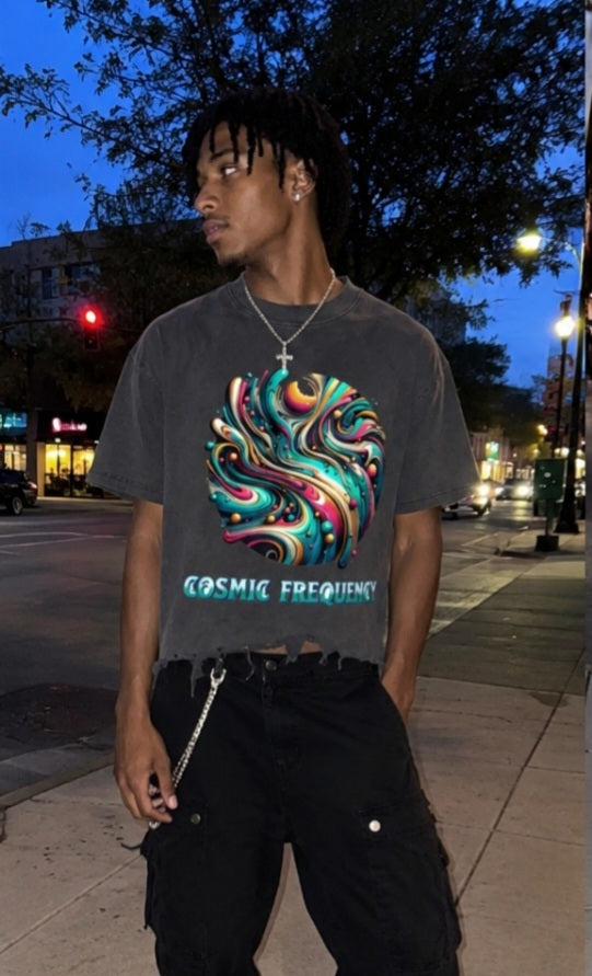 Cosmic Frequency Distressed Boxy Tee - Vintage Wash Front View - LEE'S VAULT cosmic graphic tee
