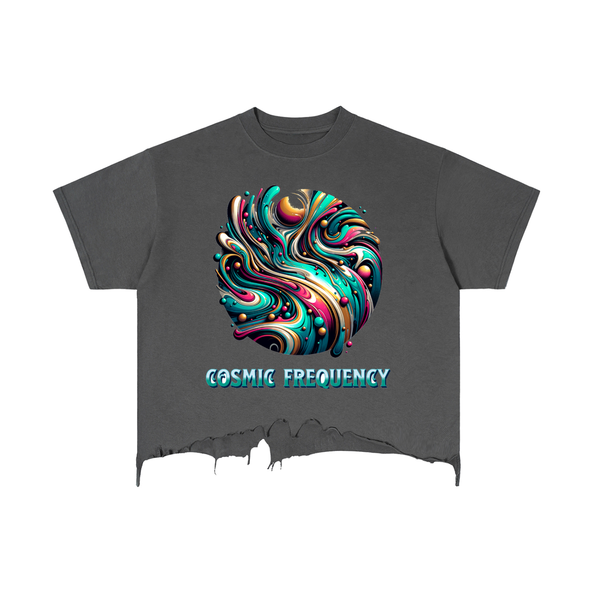 Cosmic Frequency Distressed Boxy Tee - Graphic Print Close-Up - LEE'S VAULT cosmic graphic tee
