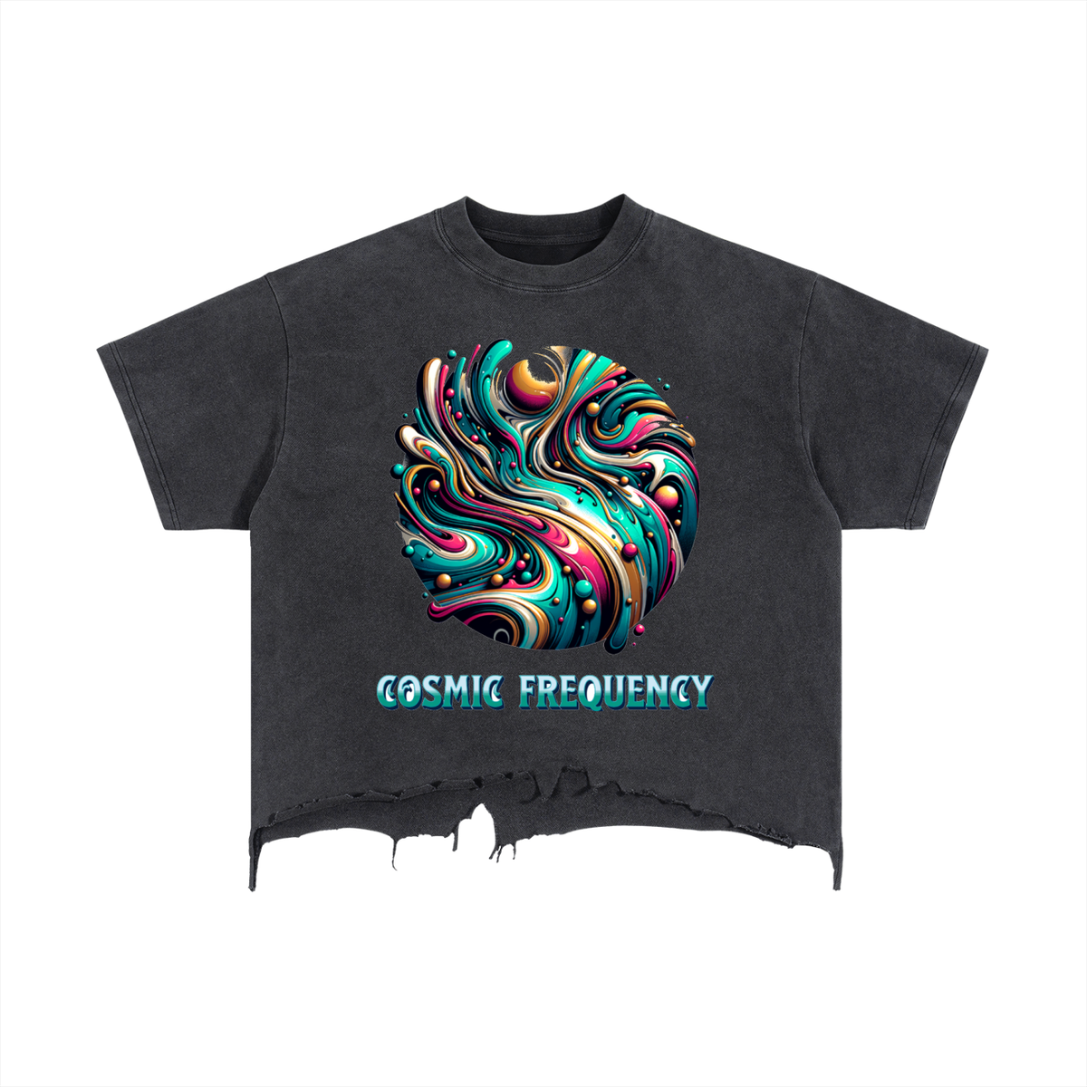 Cosmic Frequency Distressed Boxy Tee - Flat Lay Product Shot - LEE'S VAULT boxy tee