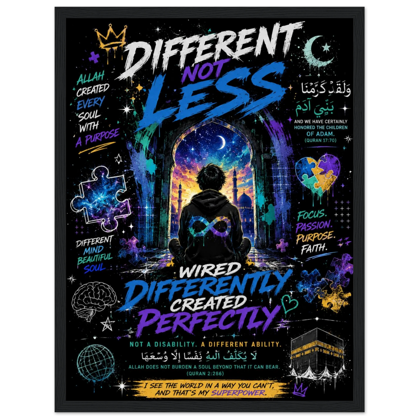 Different Not Less classic framed Islamic autism awareness poster full design view