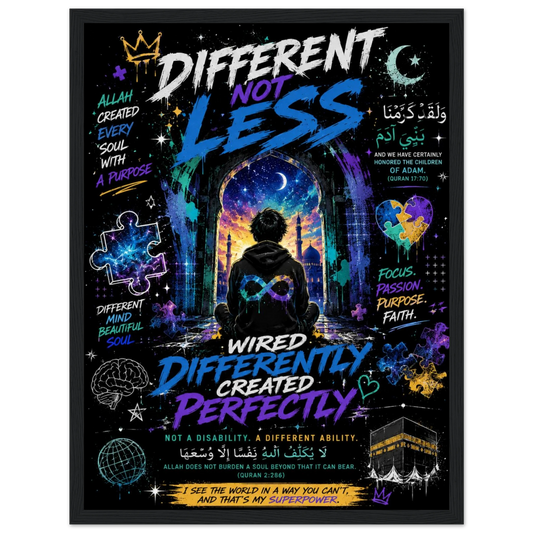 Different Not Less classic framed faith-based autism awareness poster — sacred archway and neurodiversity symbol design