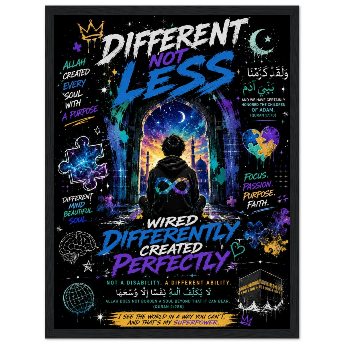Different Not Less Framed Wall Art - Sacred Verses Infinity Symbol - LEE'S VAULT neurodiversity print