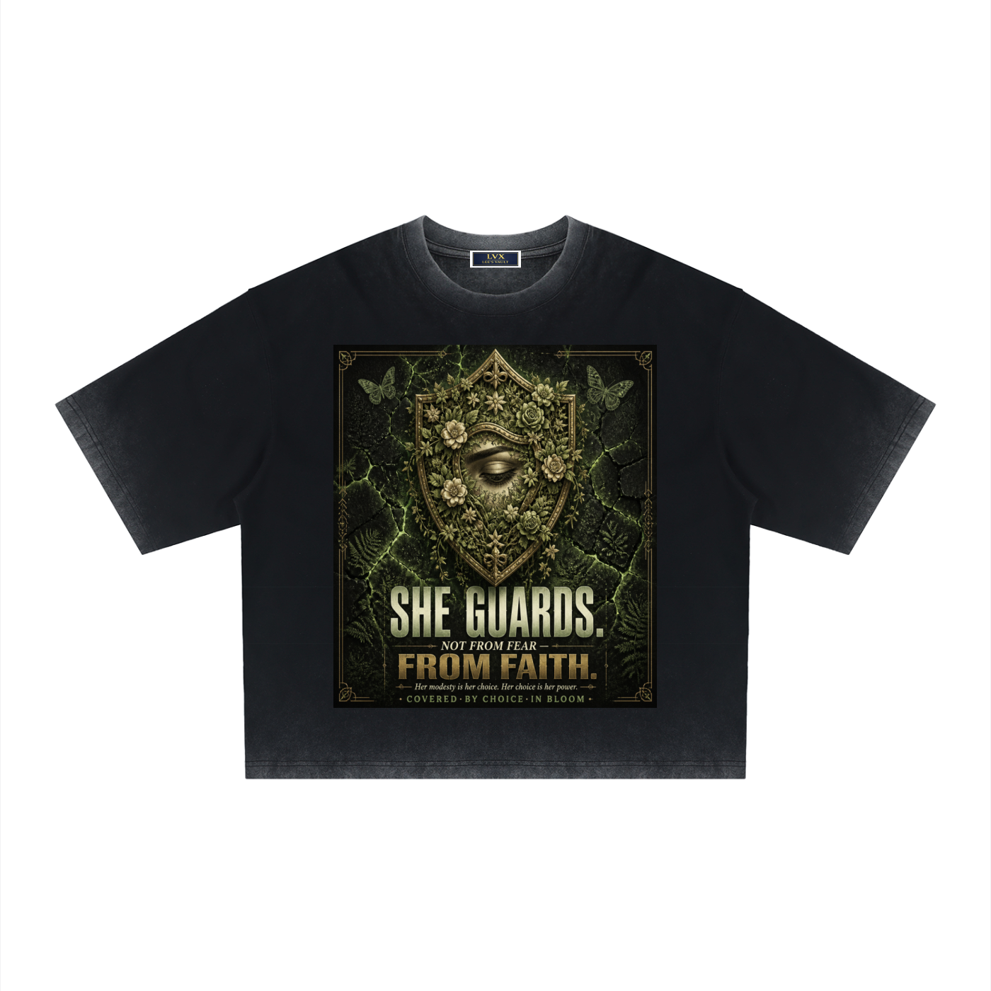 She Guards Not From Fear From Faith — Women's Reverse Dyed Boxy T-Shirt | Covered By Choice | 275 GSM