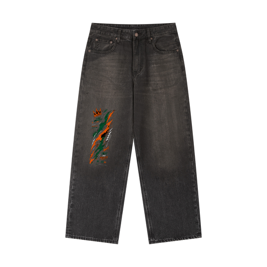 Crown flame graphic black vintage wash heavyweight denim jeans front view