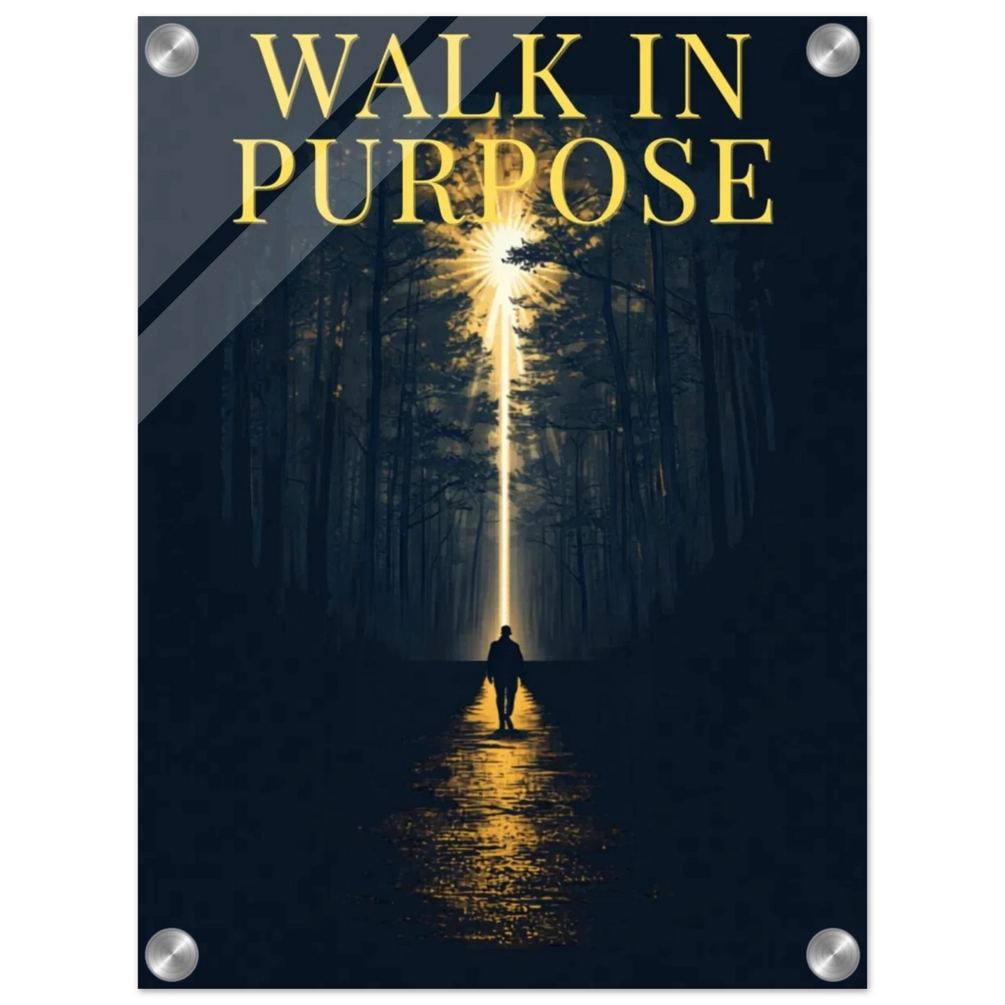 Walk In Purpose acrylic wall art print with gold crown typography design