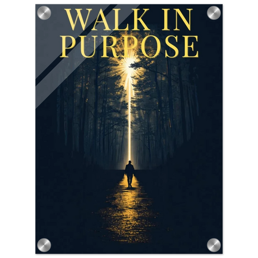 Walk In Purpose acrylic wall art print with gold crown typography design