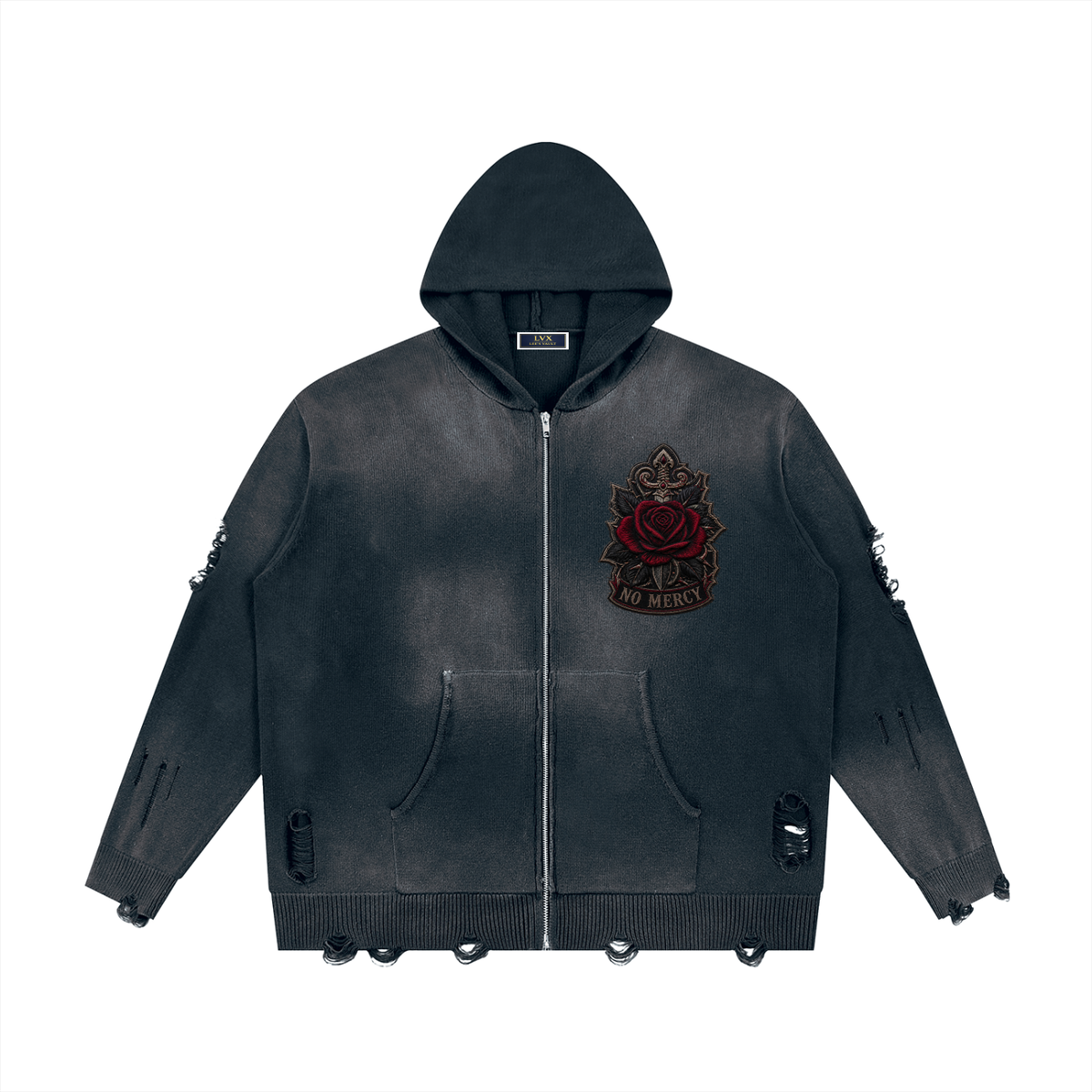 Warrior Distressed Full-Zip Hoodie | No Mercy Streetwear | Vault Signature Unisex