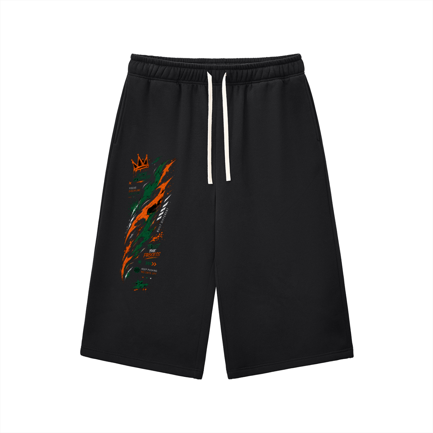 Crown flame graphic black three-quarter sweatpants front view