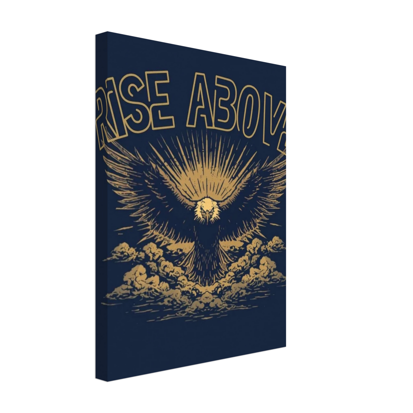 Rise Above gold eagle motivational canvas wall art print above living room sofa
