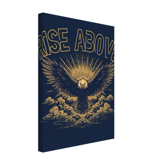 Rise Above gold eagle motivational canvas wall art print above living room sofa