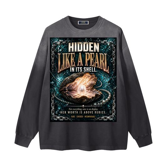 Hidden Like A Pearl Long Sleeve Tee - Gradient Wash Front View - LEE'S VAULT faith streetwear