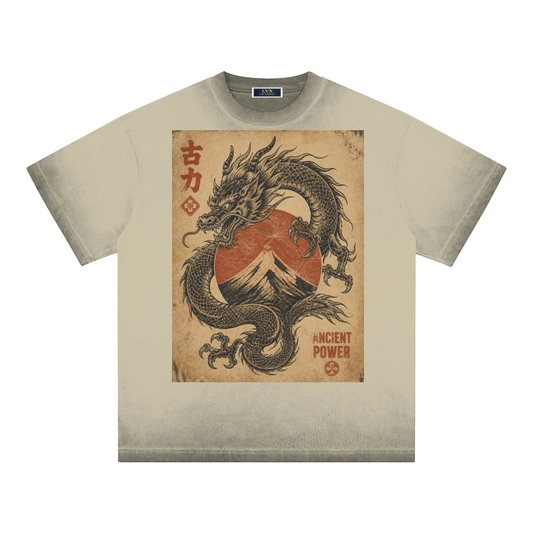 Japanese Dragon Vintage Wash Oversized Tee - Ancient Power Front View - LEE'S VAULT 100% cotton streetwear