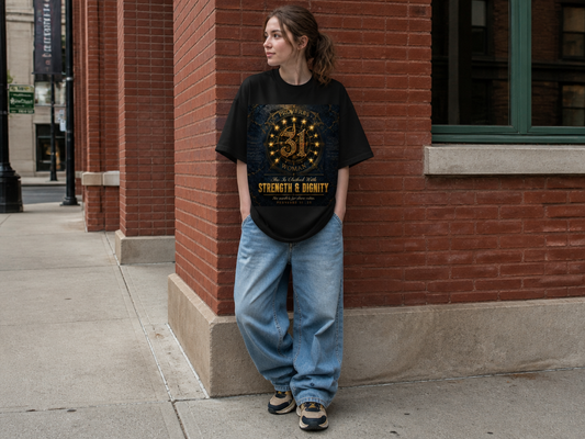 Proverbs 31 Woman Oversized Tee - Strength Dignity Front View - LEE'S VAULT faith fashion