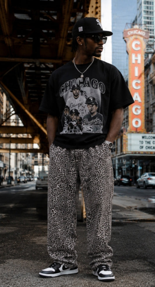 Leopard Print Wide Leg Jeans | Vintage Wash Unisex Streetwear Denim