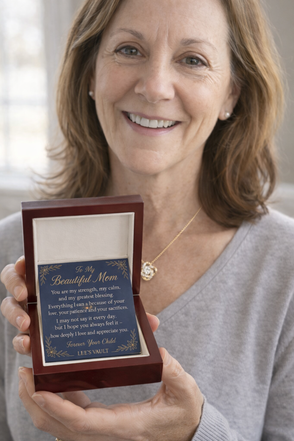 LEE'S VAULT “To My Beautiful Mom” Gold Necklace – Inspirational Gift for Mom / Mother's Day / Birthday / Christmas – Luxury Navy & Gold Message Card Jewelry