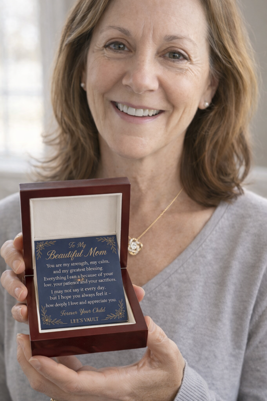LEE'S VAULT “To My Beautiful Mom” Gold Necklace – Inspirational Gift for Mom / Mother's Day / Birthday / Christmas – Luxury Navy & Gold Message Card Jewelry