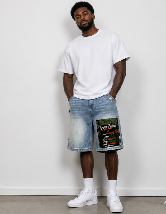 Legends Never Follow Denim Shorts | Vintage Wash Graphic Streetwear