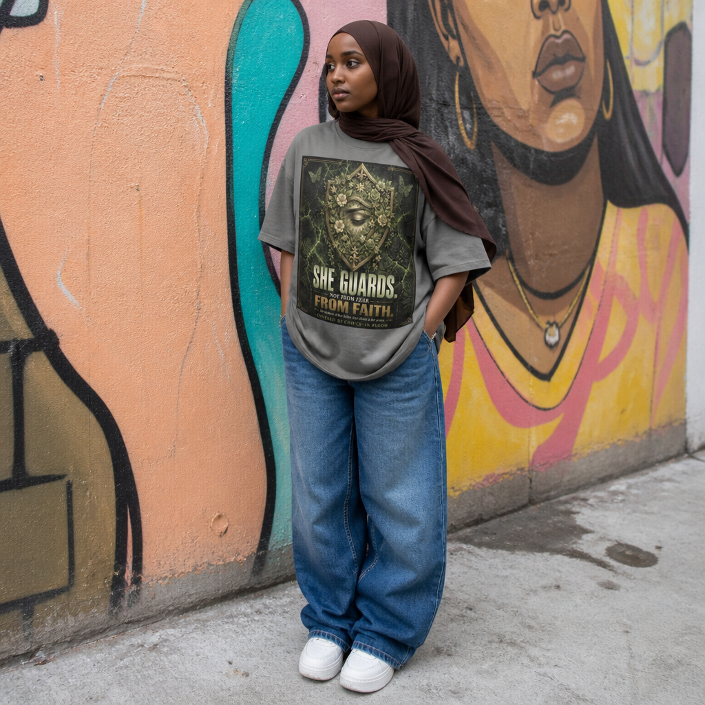 She Guards Not From Fear From Faith — Women's Reverse Dyed Boxy T-Shirt | Covered By Choice | 275 GSM