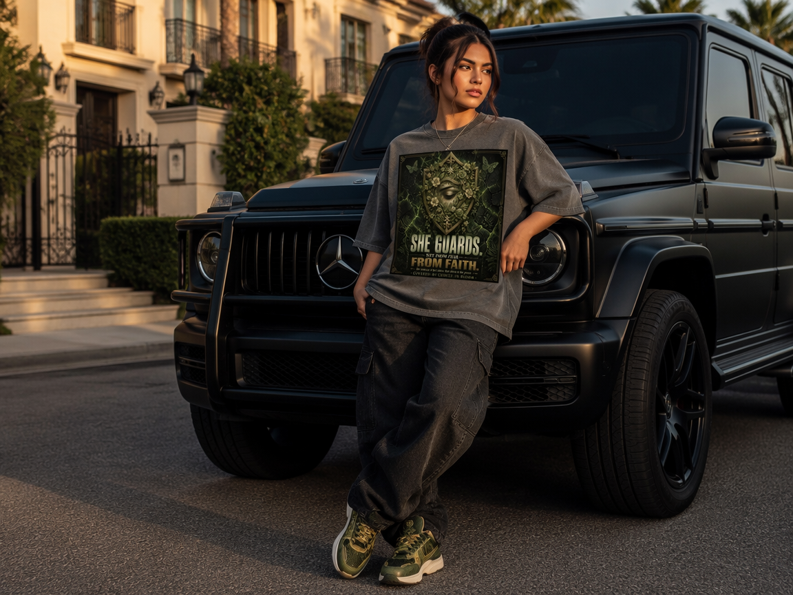 She Guards Not From Fear From Faith — Women's Reverse Dyed Boxy T-Shirt | Covered By Choice | 275 GSM