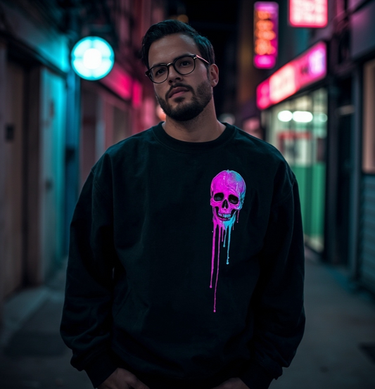 Neon Drip Skull Sweatshirt – Cyberpunk Streetwear Graphic Crewneck | LEE'S VAULT