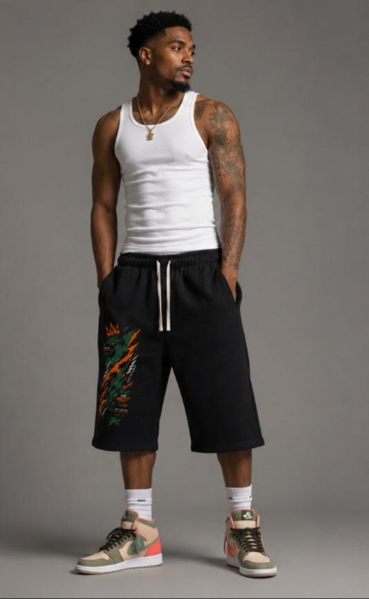 Crown Flame Graphic Three-Quarter Sweatpants | Cropped Streetwear Shorts