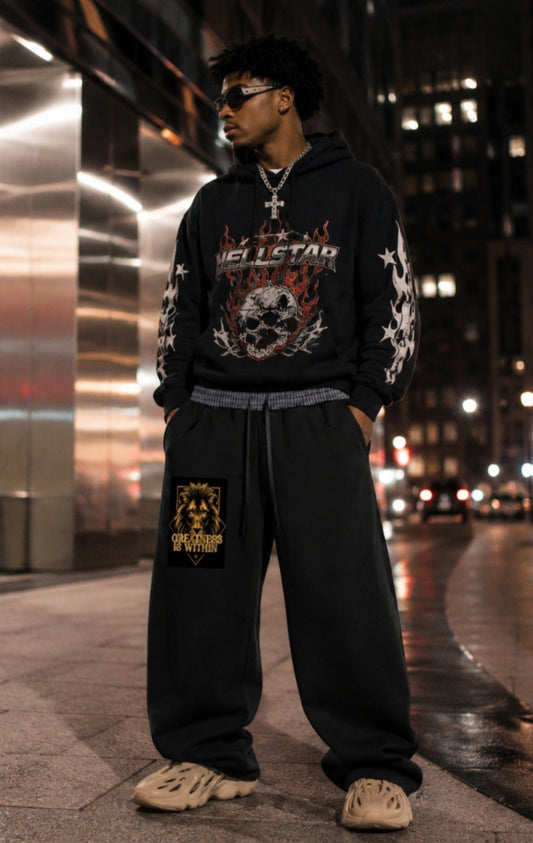 Gold Lion Crest Barrel Sweatpants | Plaid Waistband Streetwear Joggers