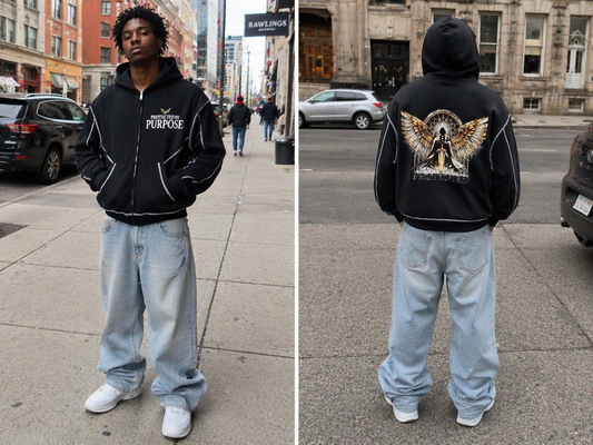 Protected by Purpose Zip Hoodie | Angel Wings Back Design | 350 GSM Contrast-Stitch Heavyweight Streetwear Hoodie