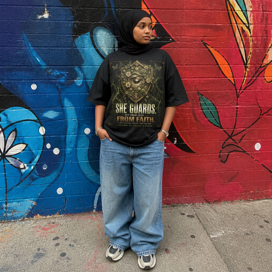 She Guards Not From Fear Boxy Tee - Reverse Dyed Front View - LEE'S VAULT faith modest fashion