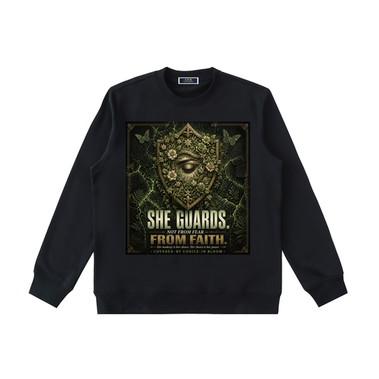 She Guards Not From Fear Crewneck - Modest Faith Front View - LEE'S VAULT faith modest fashion