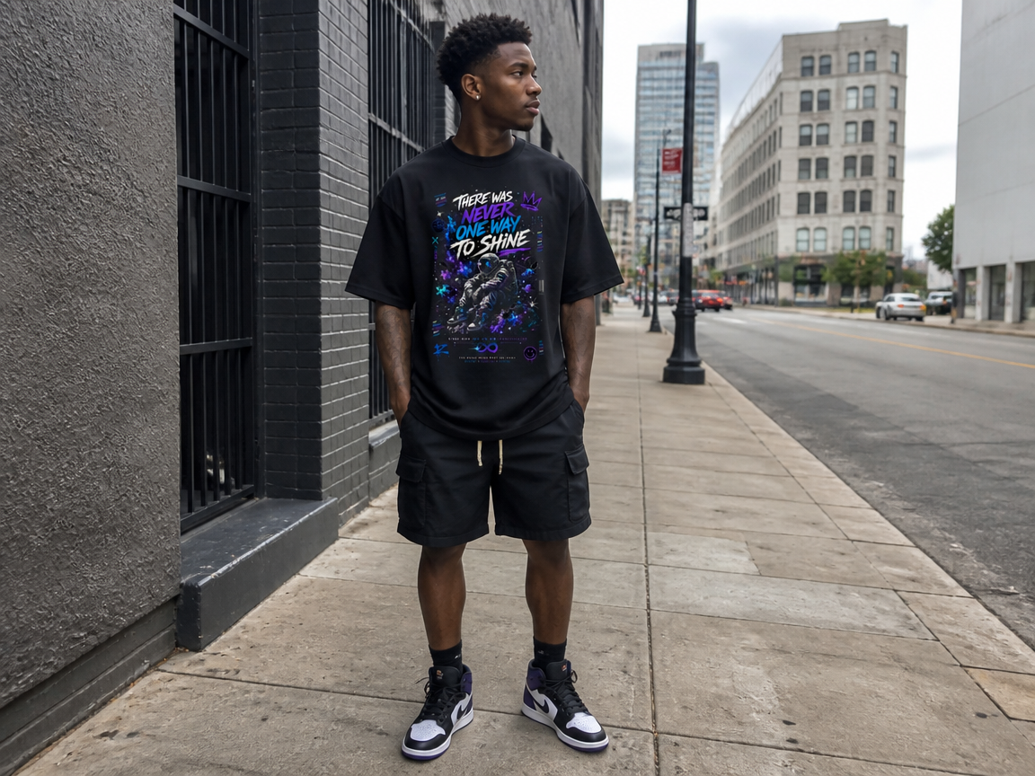There Was Never One Way To Shine Oversized Tee - Front View Cosmic Graphic - LEE'S VAULT neurodiversity streetwear