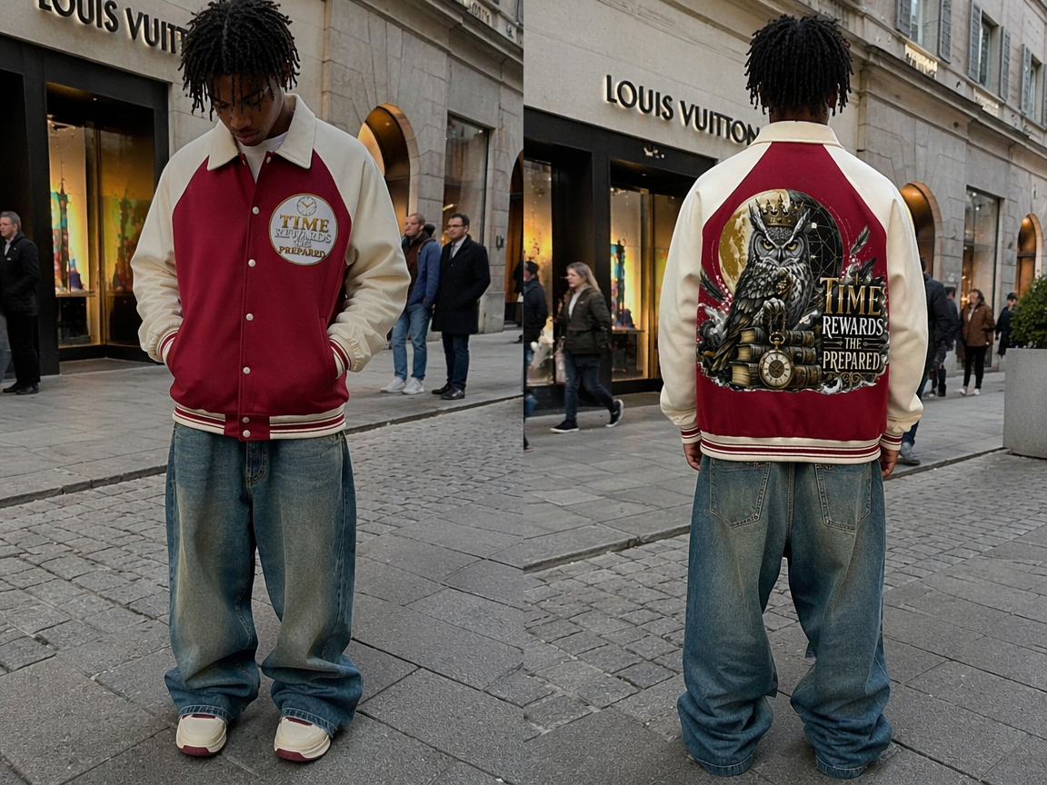 Time Rewards The Prepared Varsity Jacket - Owl Graphic Front View - LEE'S VAULT varsity jacket