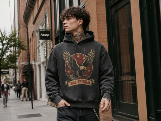 True Original Eagle Vintage Wash Hoodie - Gradient Acid Wash Front View - LEE'S VAULT americana streetwear