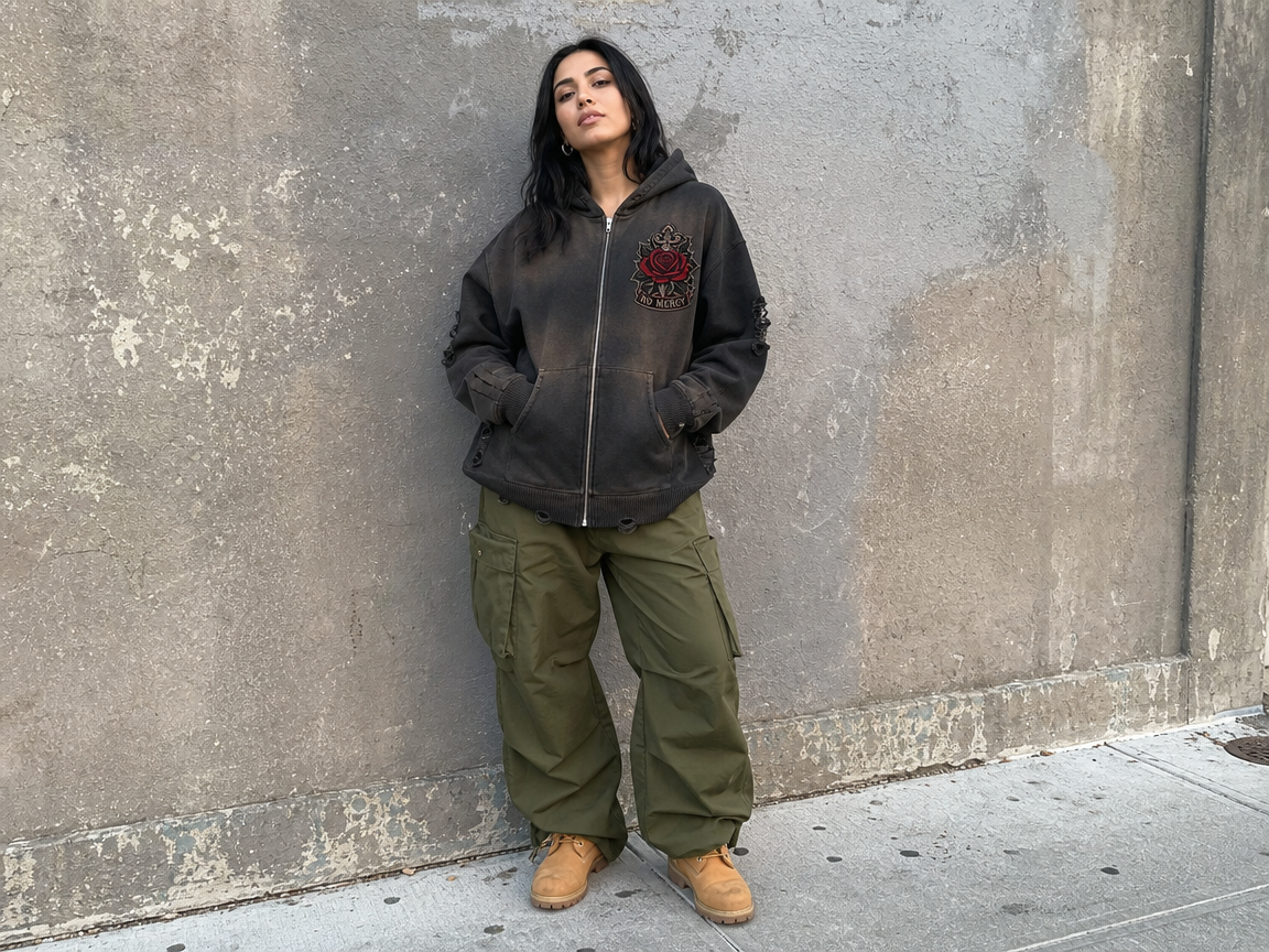 Warrior No Mercy Hoodie - real model wearing distressed black hoodie with NO MERCY rose graphic patch, standing against concrete wall - LEE'S VAULT streetwear