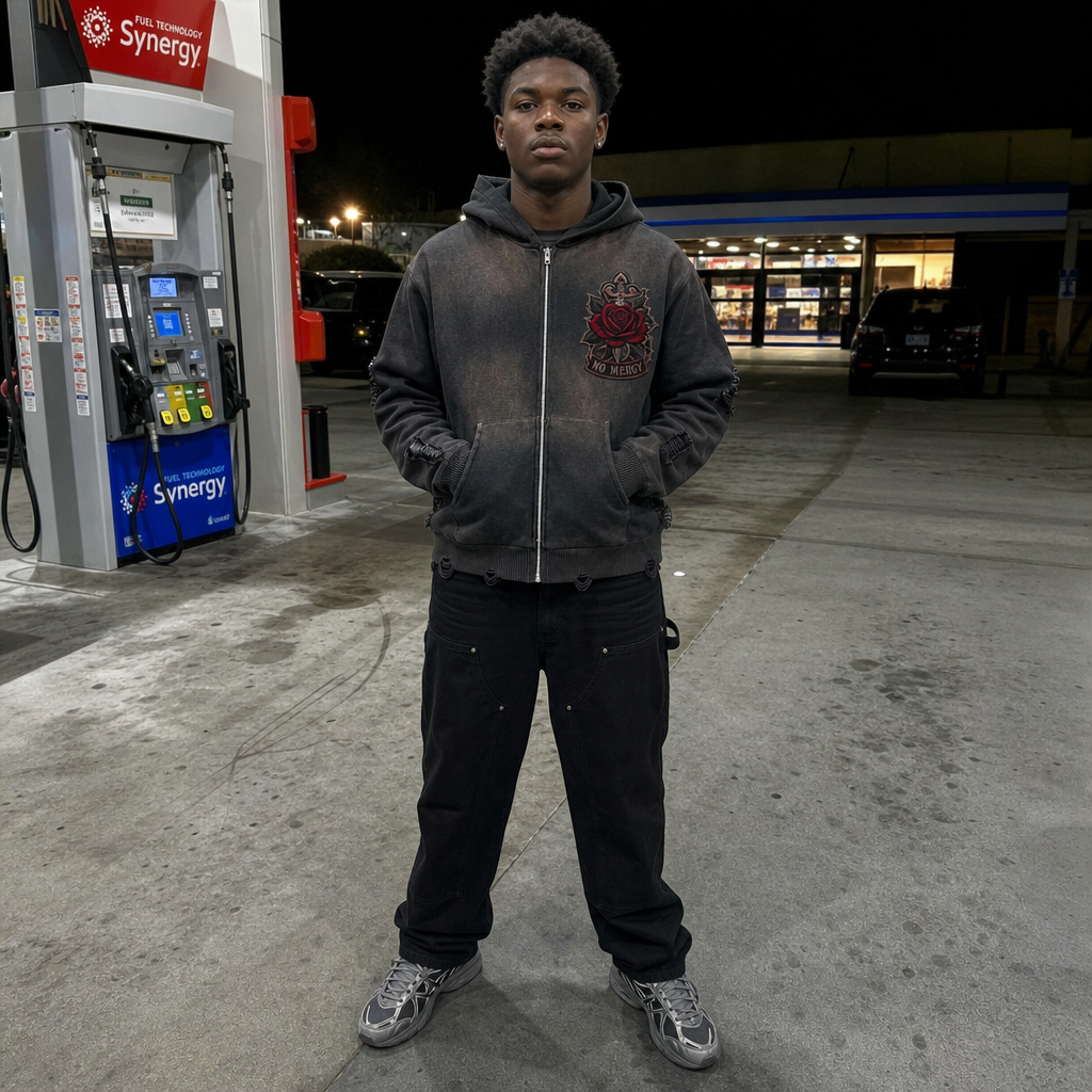 Warrior No Mercy Hoodie - real model wearing distressed hoodie, street lifestyle shot - LEE'S VAULT streetwear