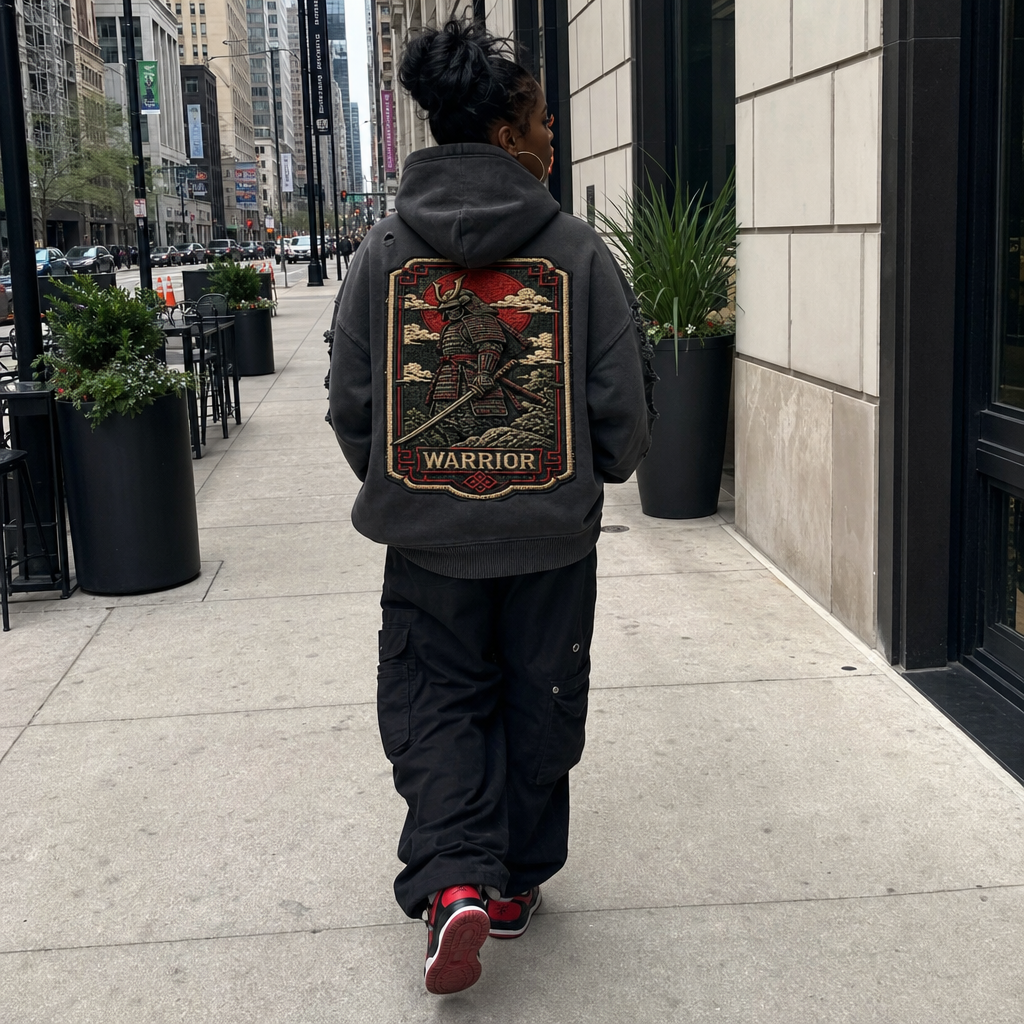 Warrior No Mercy Hoodie - real model wearing distressed hoodie, street lifestyle shot - LEE'S VAULT streetwear