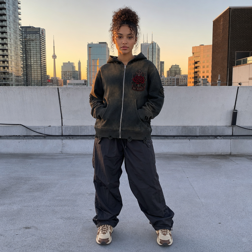 Warrior No Mercy Hoodie - real model wearing distressed hoodie, city skyline lifestyle shot - LEE'S VAULT streetwear