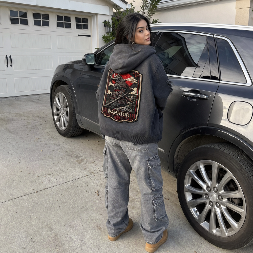 Warrior No Mercy Hoodie - real model wearing distressed hoodie, lifestyle shot - LEE'S VAULT streetwear