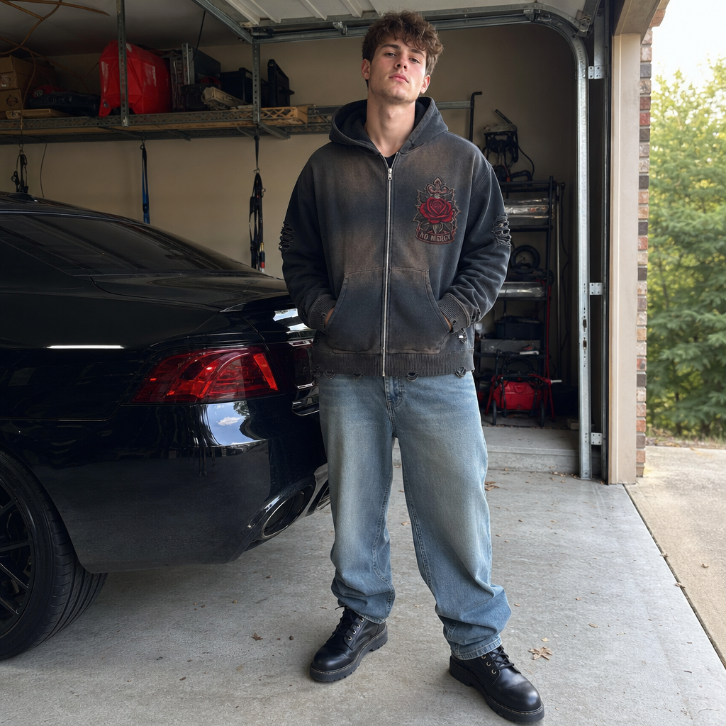 Warrior No Mercy Hoodie - real model wearing distressed hoodie, lifestyle shot - LEE'S VAULT streetwear