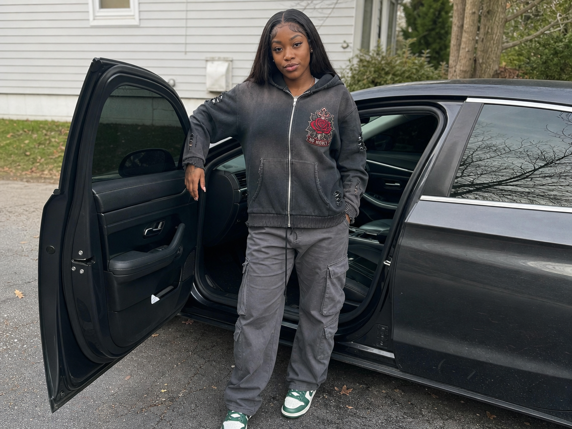 Warrior No Mercy Hoodie - real model wearing distressed hoodie, lifestyle shot - LEE'S VAULT streetwear
