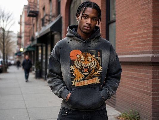 Wild Spirit Tiger Distressed Fleece Hoodie - Frayed Acid Wash Front View - LEE'S VAULT vintage streetwear